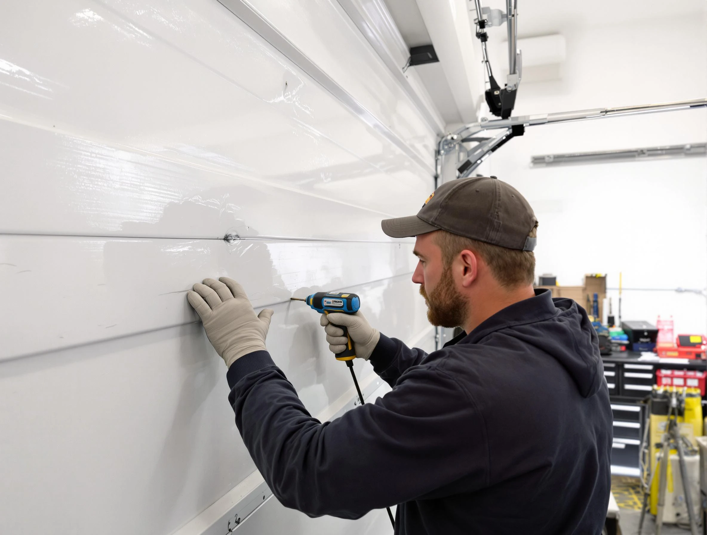 Irondale Garage Door Repair technician demonstrating precision dent removal techniques on a Irondale garage door